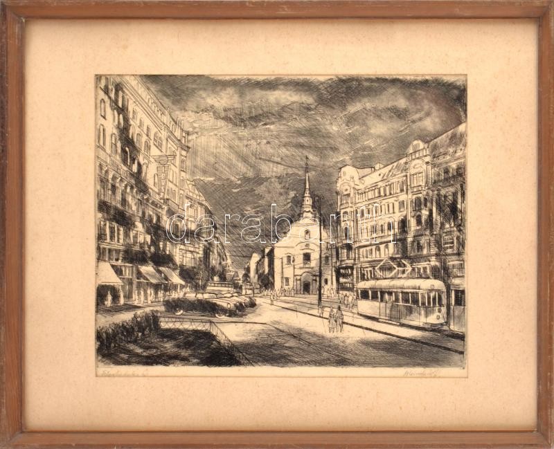 Blahos Rudolf (1917-1986): Felszabadulás tér. Rézkarc, papír, jelzett, üvegezett fakeretben, 27×35 cm