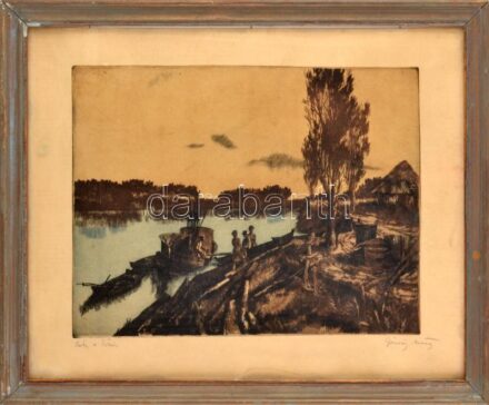 Görög Rezső (1930- ?): Este a Tiszán. Színes rézkarc, papír, jelzett, lap alja foltos. Dekoratív, kissé sérült üvegezett fakeretben, 29×39 cm