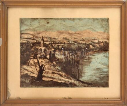 Mészáros Lajos (1925-1971): Téli táj. Színezett rézkarc, papír, jelzett. Dekoratív, kissé sérült üvegezett fakeretben, 29×39 cm