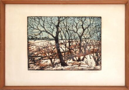 Réti Mátyás (1922-2002): Erdő. Színes linómetszet, papír, jelzett, üvegezett fakeretben, 27×36 cm