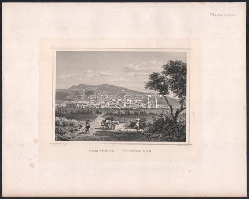 cca 1860 Ludwig Rohbock (1820-1883)-Georg Michael Kurz (1815-1883): Pécs városa, Pest, Lauffer és Stolp, acélmetszet, jelzett a dúcon, 12x17 cm, teljes: 32x24 cm