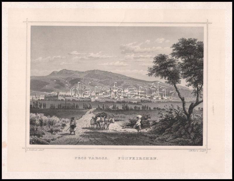 cca 1860 Ludwig Rohbock (1820-1883)-Georg Michael Kurz (1815-1883): Pécs városa, Pest, Lauffer és Stolp, acélmetszet, jelzett a dúcon, 12x17 cm, teljes: 32x24 cm - Image 2