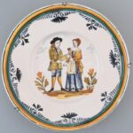 MF jelzéssel: Régi fajansz tányér, kézzel festett, lepattanásokkal, d: 29,5 cm
