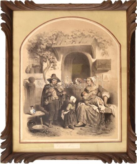 A kis zenész (Le petit musicien), színezett litográfia, papír, XIX. sz közepe-vége, körbevágva, lap alsó sarkaiban kissé sérült, kartonra kasírozva. Dekoratív, üvegezett, kissé sérült fakeretben. 34x25 cm