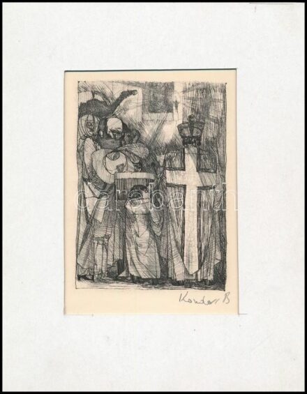Kondor Béla (1931-1972): Megbeszélés. Rézkarc, papír, utólagos jelzéssel, paszpartuban, 11×8 cm