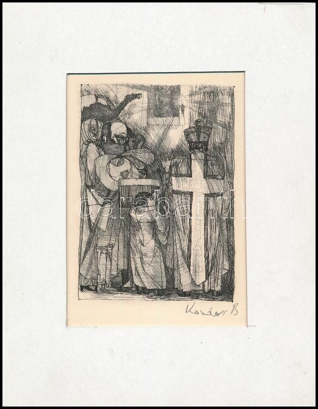 Kondor Béla (1931-1972): Megbeszélés. Rézkarc, papír, utólagos jelzéssel, paszpartuban, 11×8 cm