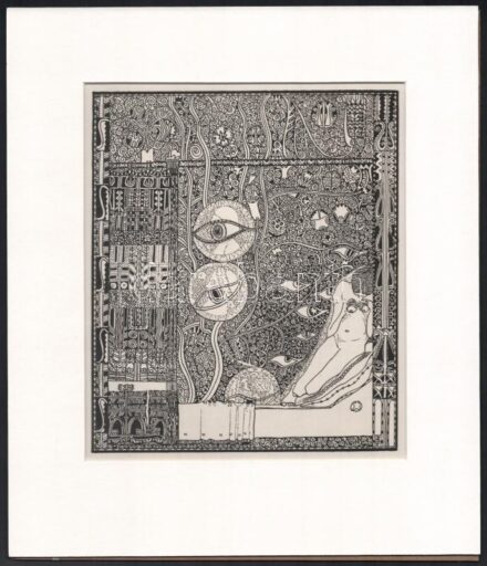 Kozma Lajos (1884-1948): Figyelő szemek, papír, jelzett a cinkográfián, paszpartuban, 19,5×16,5 cm