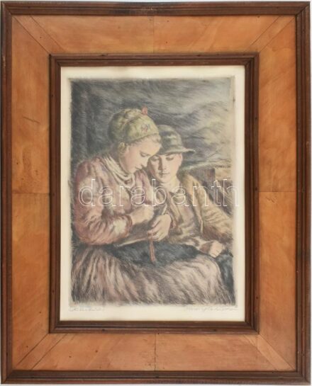 Glatz Oszkár (1872-1958) - Prihoda István (1891-1956): Betűvetés. Színezett rézkarc, papír. Glatz és Prihoda által jelzett. Lap széle kissé sérült. Üvegezett, dekoratív, kissé szúrágta fakeretben. 35x26 cm.