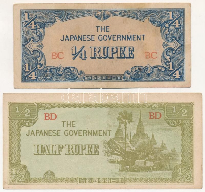 Burma / Japán megszállás 1942-1944. 1/4R + 1/2R T:III Burma / Japanese occupation 1942-1944. 1/4 Rupee + 1/2 Rupee C:F Krause P#12, P#13