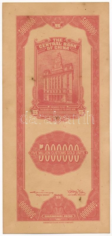 Kína / Shanghai 1930. 5.000.000CGU T:II,II- fo. China / Shanghai 1930. 5.000.000 Customs Gold Units C:XF,VF spotted - Image 2