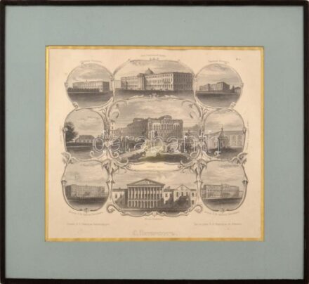 Szentpétervári részletek. Acélmetszet, papír. Üveg mögött. 18x22,5 cm. / Saint Petersburg, Russia. Steel engraving on paper. Behind glass