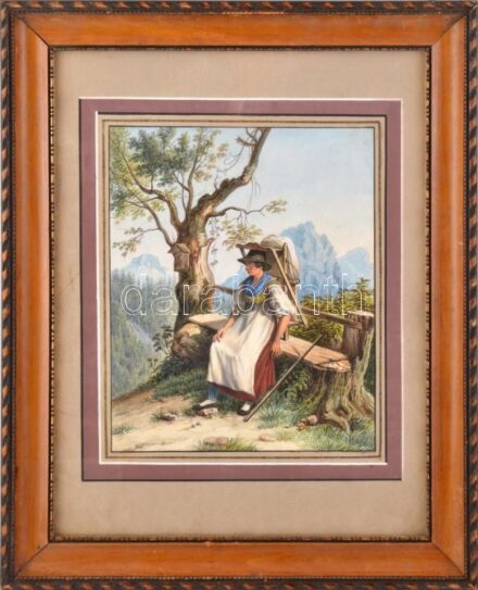 Pihenő a hegyek között, színezett litográfia, papír, XIX. sz közepe-vége, körbevágva, kartonra kasírozva. Dekoratív, üvegezett fakeretben. 25x20 cm