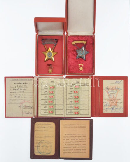 ~1947-1962. 'Szakma kiváló dolgozója - könnyűipar' Rákosi-címeres, aranyozott, zománcozott bronz kitüntetés, igazolvánnyal, eredeti tokban + 'Sztahanovista' zománcozott fém kitüntetés miniatűrrel, igazolvánnyal, eredeti tokban +