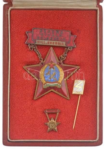 ~1950. 'Szakma kiváló dolgozója - villamosenergia' babérkoszorús, Rákosi-címeres, aranyozott, zománcozott bronz kitüntetés eredeti tokban + '30 év hűségért' aranyozott, zománcozott jelvény T:2