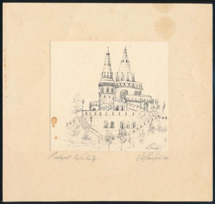 1989 Rózsa Gyula (?-): Halászbástya, Budapest. Nyomat, papír. Jelzett. Kissé foltos. Papírra kasírozva. 11x12 cm.