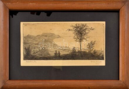 Gross Arnold (1929-2015): Balatoni táj (1954). Rézkarc, papír, jelzett, üvegezett keretben, 11,5×24 cm