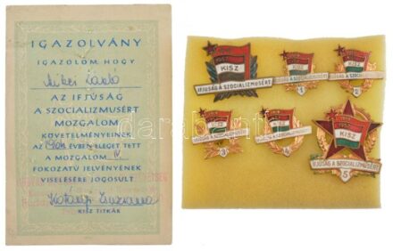 1964. 'Ifjúság a Szocializmusért' zománcozott korai jelvénye + zománcozott, aranyozott jelvény 1-5 fokozatig (5xklf), viselői igazolvánnyal T:1-,2