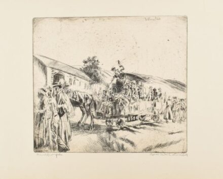 Aszódi Weil Erzsébet (1901-1976): Szüretkor falu. Rézkarc, papír, jelzett, 28×31 cm