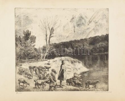 Aszódi Weil Erzsébet (1901-1976): Pásztor, rézkarc, papír, jelzett, lap felső széle kissé gyűrődött. 34,5×39,5 cm