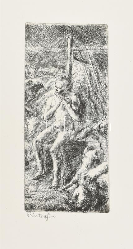 Aszódi Weil Erzsébet (1901-1976): Pásztorfiú. Rézkarc, papír, jelzés nélkül, Aszódi Weil Erzsébet autográf feliratával. 25,5×11,5 cm