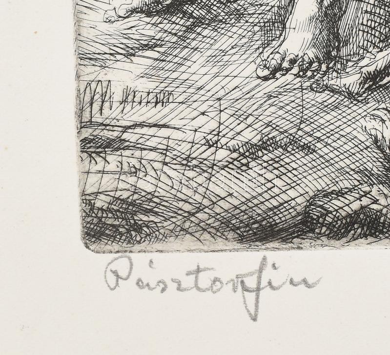 Aszódi Weil Erzsébet (1901-1976): Pásztorfiú. Rézkarc, papír, jelzés nélkül, Aszódi Weil Erzsébet autográf feliratával. 25,5×11,5 cm - Image 2