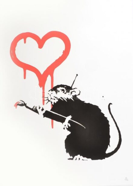 Banksy: Love rat. Ofszet litográfia, papír, jelzett a nyomaton, 'POW Printmaking'szárazpecséttel Grafiart - Aviomar UK. tanúsítvánnyal. Számozott: 81/150. Képméret: 55x37 cm. Lapméret: 70x50 cm / Numbered, marked
