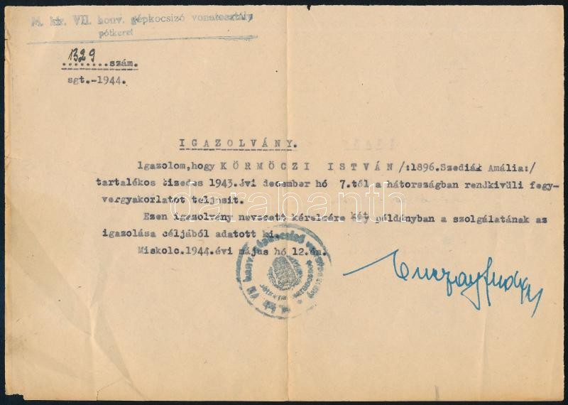 1944 Gépkocsizó vonatosztály pótkeret igazolása rendkívüli fegyvergyakorlatról