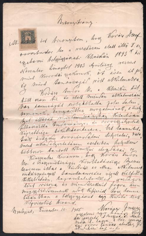 1905 br. Korányi Frigyes (1827-1913) által kiállított orvosdoktori munkáltató bizonyítvány, ami szerint Kovács József orvosdoktor a vezetése alatt álló I. sz. egyetemi belgyógyászati klinikán nála állt alkalmazásban, Korányi