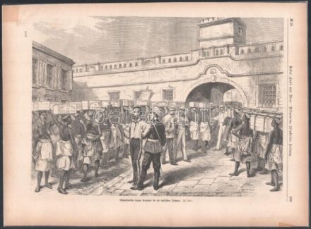 Asanti nők élelmet hordanak a brit csapatok részére (Aschantiweiber tragen Proviant für die englischen Truppen). Rotációs fametszet, papír, jelzés nélkül, 1900 körül. Az Allgemeine Illustrierte Zeitung-ból. 22,5x31,5 cm.