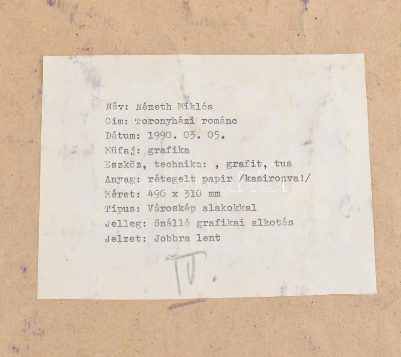 Csepeli Németh Miklós (1934-2012): Toronyházi románc, 1990. Akvarell, ceruza, papír, jelezve jobbra lent, hátoldalán korab0lei (kiállítási?) címkén feliratozott. Kissé sérült. 49×31 cm - Image 3