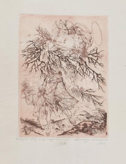 Almásy Aladár (1945-): Lehajolt érte, hogy magához vegye. Színes rézkarc, papír, jelzett, számozott V/18. 20,5x15 cm