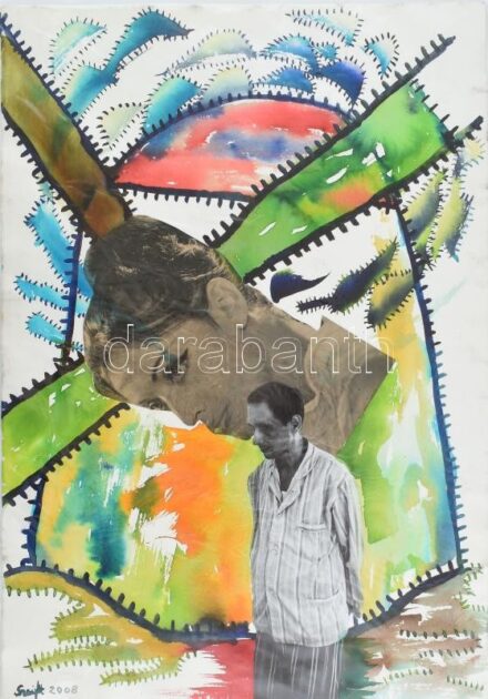 Szeift Béla (1944-2012): Búsképű lovag, 2008. Vegyes technika, kollázs, papír, jelzett, hátoldalán autográf felirattal, 58,5x41 cm