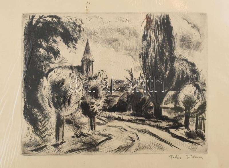 Fehér Ilona (1913-1983): Balaton. Rézkarc, papír, jelzett, kartonra kasírozva, lap teteje kissé foltos, 22,5x30,5 cm