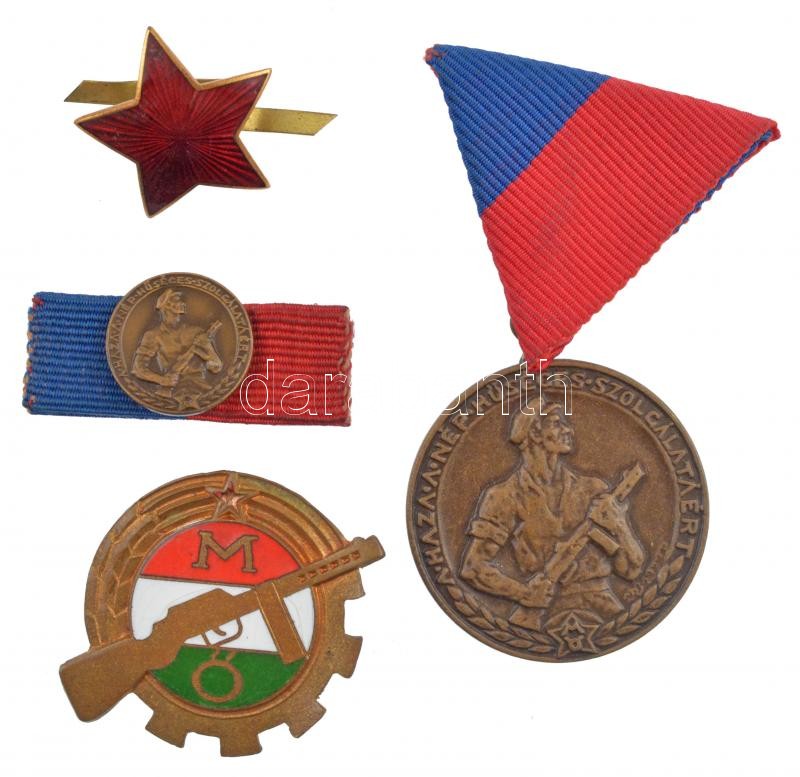 1964. 'Munkásőr Emlékérem' bronz kitüntetés mellszalagon, miniatűrrel szalagsávon + tervezett sapkajelvény az állományjelvénnyel azonos, tűzzománcos kivitelben, de csak 35x45mm méretben + a véglegesített tűzzománcos