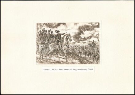 Gönczi Béla (1934-): Bem beveszi Nagyszebent. Rézkarc, selyem,14x9,5 cm