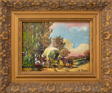 B. Szabó jelzéssel: Táborozók. Olaj, farost, dekoratív fakeretben, 17x22,5 cm