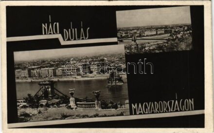 Budapest. Náci dúlás Magyarországon. Újjáépítjük Magyarországot! Magyar Újjáépítési Minisztérium engedélyével a Magyar Központi Híradó Rt. propaganda lapja a lerombolt Lánchíddal