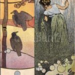 Art Nouveau, litho art postcard + 4 fillér Ga. (vágott / cut)