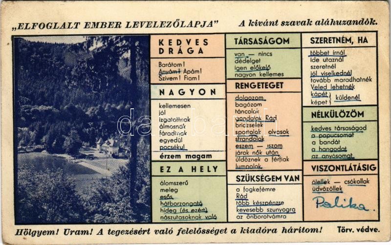 1942 Tusnádfürdő, Baile Tusnad; Elfoglalt ember levelezőlapja, humor / A busy man´s postcard, humour (EK)