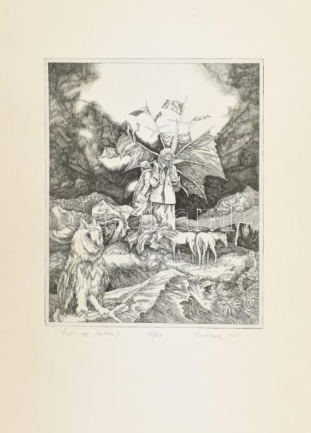 Badacsonyi Sándor (1949-2016): Őszi nap, 1981. Rézkarc, papír, jelzett, számozott (38/50). Lap alja foltos. 29,5x24 cm