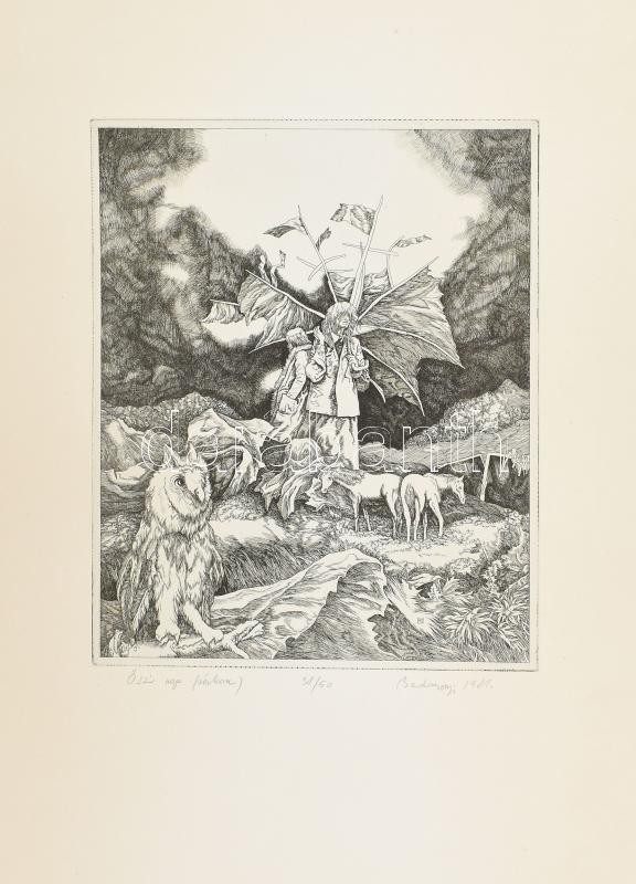 Badacsonyi Sándor (1949-2016): Őszi nap, 1981. Rézkarc, papír, jelzett, számozott (38/50). Lap alja foltos. 29,5x24 cm