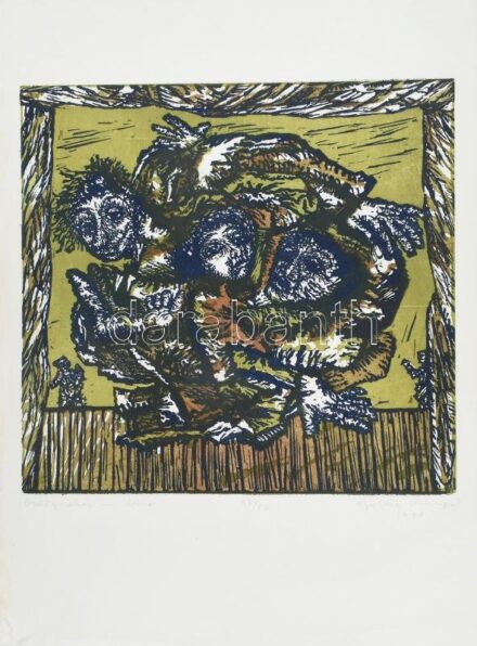 Ágotha Margit (1938-2015 ): Ördögszekér. Linómetszet, papír. Jelzett. Számozott 43/50. Lap alja sérült. 35x37 cm