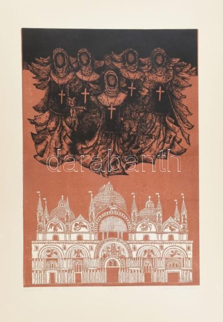 Molnár Gabriella (1940-): Apácák a San Marcon. Linómetszet, papír. Jelzett. Számozott: 37/50. Lapszéli apró szakadásokkal. 50x35 cm