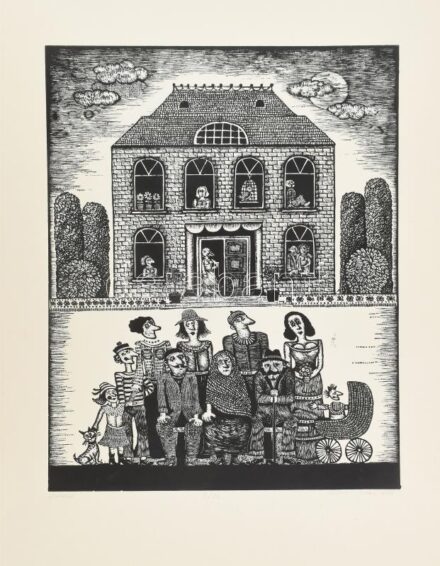 Molnár Gabriella (1940-): Család. Linómetszet, papír. Jelzett. Számozott: 8/50. Lapszéli egészen apró foltokkal, sérülésekkel. 50x35 cm