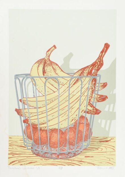 Pollacsek Kálmán (1959-): Banánkosár-zölddel, 1999. Szitanyomat, papír. Jelzett. Számozott: 42/50. Foltos Lap alján szakadással. 57,5x40 cm