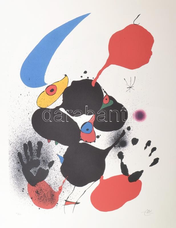 Joan Miró (1893-1983): Offszet-litográfia. papír. Sorszámozott, nyomtatott jelzéssel 112/150 Aviomar SPA tanusítvánnyal. Egyik sarkán képet nem érő gyűrődéssel. 76x56 cm / one corner creased