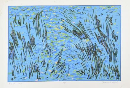 Pollacsek Kálmán (1959-): Kék víz, 1999. Szitanyomat, papír. Jelzett. Számozott: 43/50. Foltos Lap alján szakadással. 40x59 cm