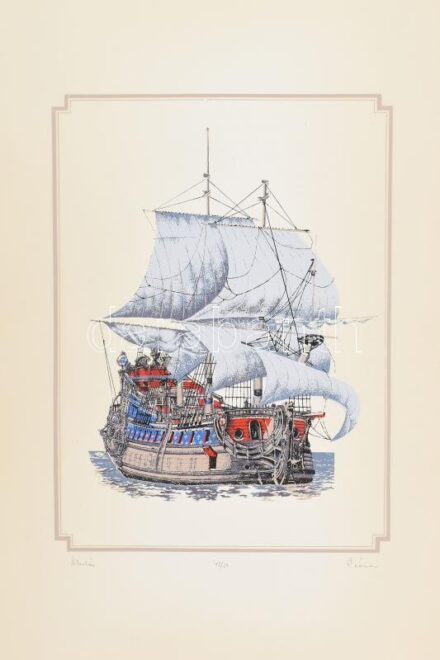 Olvashatatlan jelzéssel: Vitorlás. Szitanyomat, papír. Számozott: 43/50. Lap széle kissé foltos, apró szakadással. 39x28 cm