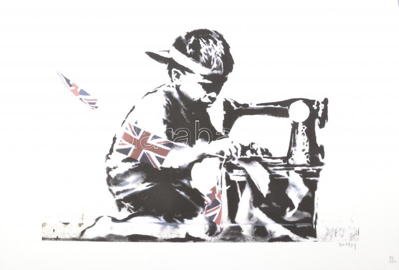 Banksy: Migrant. Ofszet litográfia, papír, jelzett a nyomaton, 'POW Printmaking' szárazpecséttel Grafiart - Aviomar UK. tanúsítvánnyal Számozott: 85/150. Lapméret:70x50 cm, / Numbered, marked