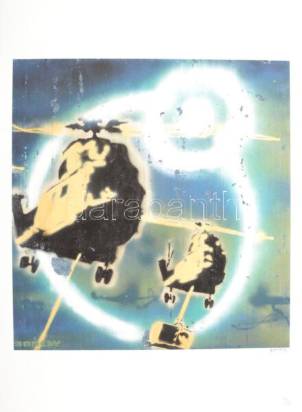 Banksy: Helicopter. Ofszet litográfia, papír, jelzett a nyomaton, 'POW Printmaking' szárazpecséttel Grafiart - Aviomar UK. tanúsítvánnyal Számozott: 71/150. Lapméret:70x50 cm, / Numbered, marked
